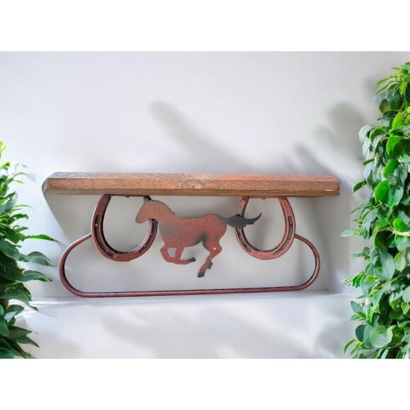 Rustic Western Horse Wall Shelf and Towel Bar With Horseshoe Design - Picture 5 of 7